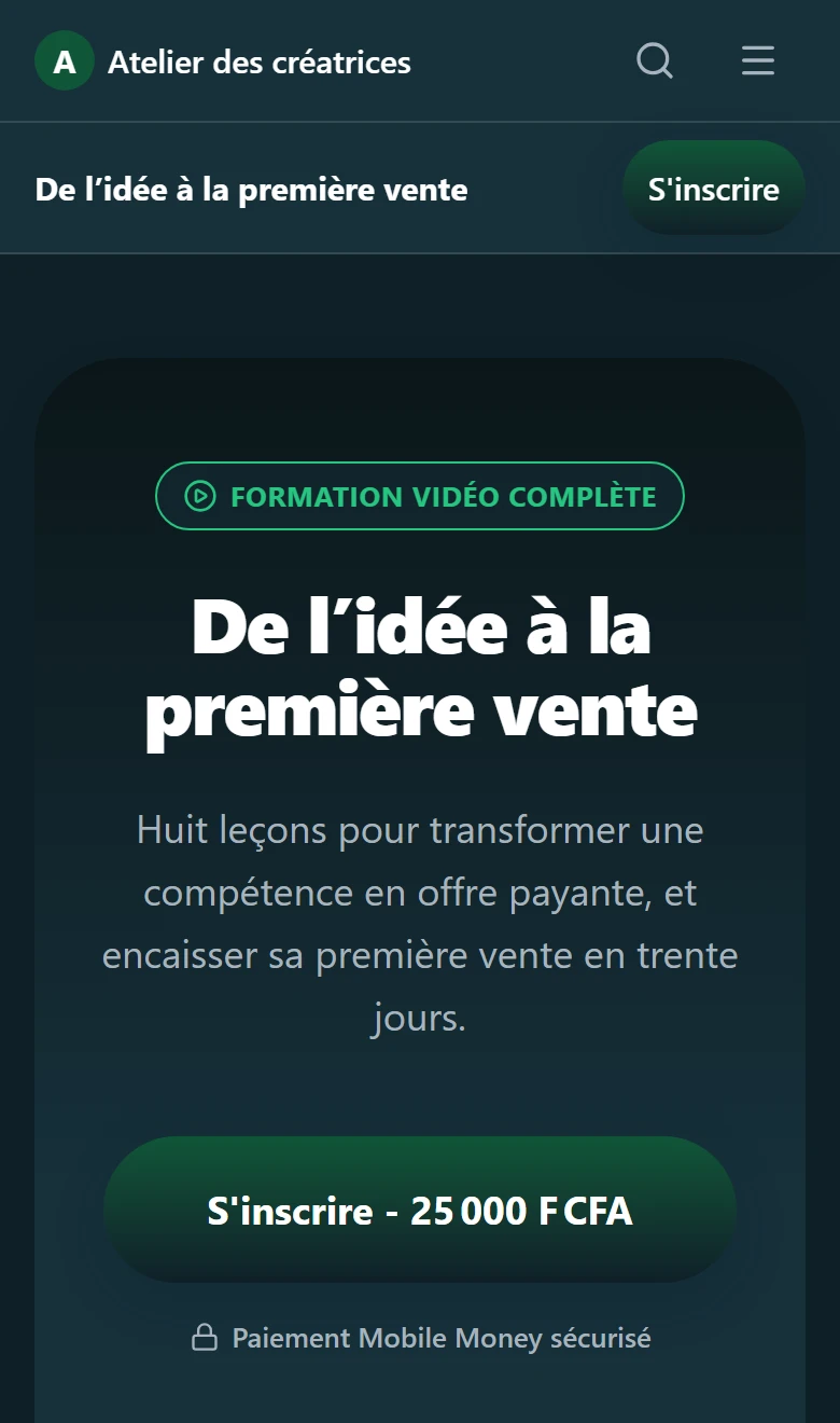 La page de vente d’une formation sur un téléphone : le prix en FCFA et le paiement par Mobile Money